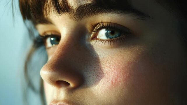 A woman with striking blue eyes and freckles across her nose and cheeks.