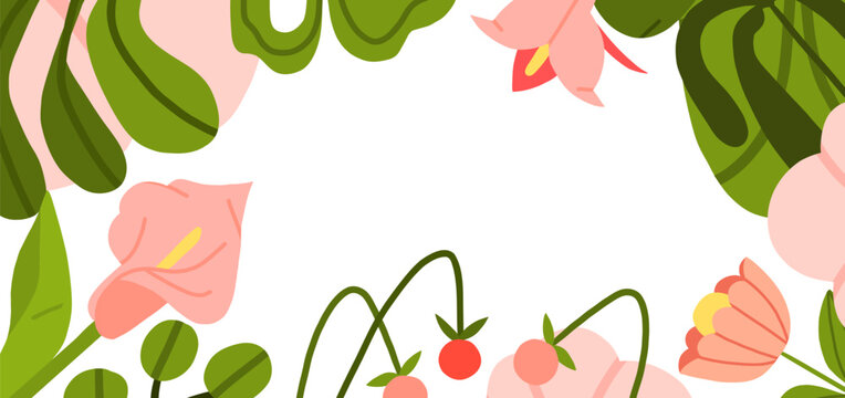 Tropical Floral Botanical Frame with Green Leaves and Pink Flowers, Colorful Nature Border with Copy Space for Banner, Invitation and Summer Design