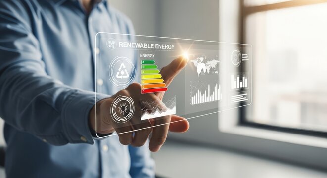 Person's hand interacting with holographic display showing renewable energy data and global analytics