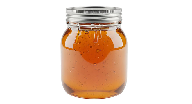A detailed studio shot of a glass jar filled with golden honey isolated on transparent background