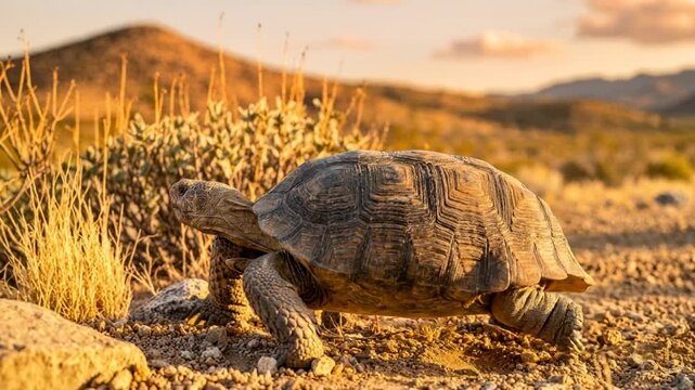 desert tortoise in mojave desert usa golden light close up video