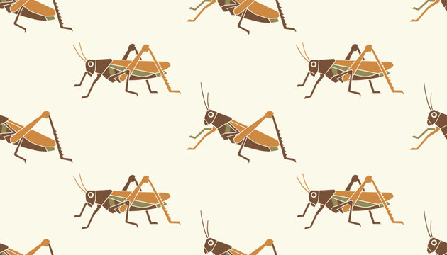 Seamless vector pattern featuring a repetitive sequence of cute brown and green cartoon grasshoppers on a light background.