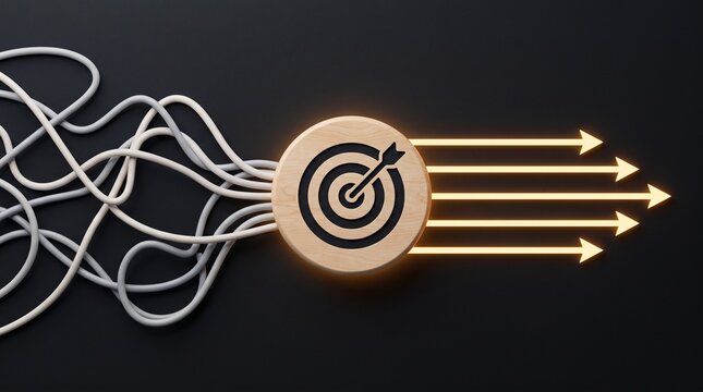 Strategic focus concept converting tangled paths into aligned direction toward a clear business target