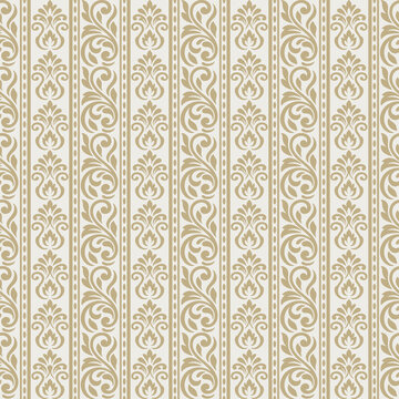 Luxury gold beige striped damask seamless pattern background with ornate floral motif, vector for classic vintage damask wallpaper, royal interior fabric, and elegant backdrop.