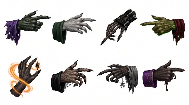 Vintage spooky Halloween witch and skeleton hand silhouette vector set
