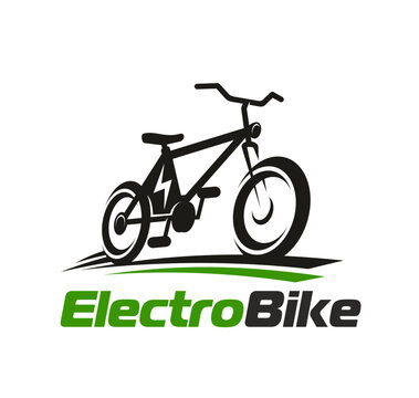 Electrobike icon, electric bicycle emblem or symbol. Ecological electro transport charging station sign, battery service graphic icon. Electrobike shop or store label with green and black typography