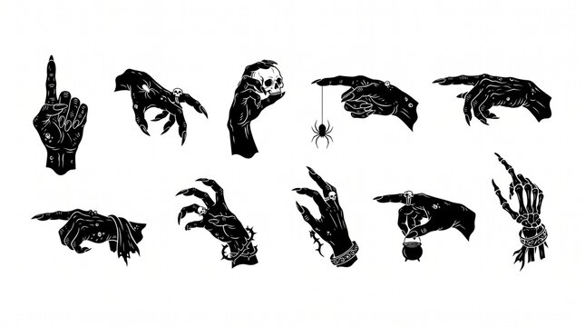 Vintage spooky Halloween pointing monster hand silhouette vector set