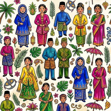Traditional Malaysian ethnic costumes diversity seamless pattern illustration