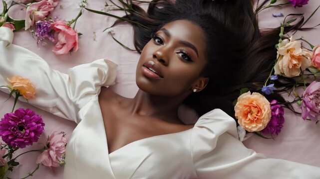 Stylish woman posing with vibrant flowers.