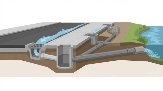 An urban drainage system with underground pipelines directing stormwater away from roads to prevent flooding.