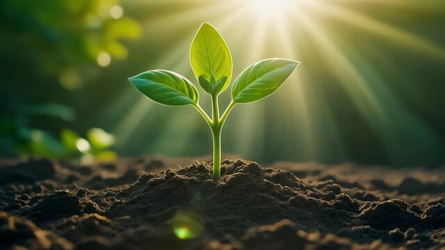 Young green plant sprout growing out of rich dark soil, glowing sun rays shining from above, macro shot, hope and nature concept, slow motion.
