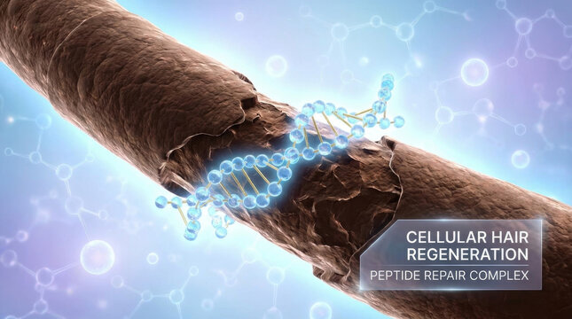 Animated hair strand with blue molecular structure loop: Concept of deep molecular hair repair and care.