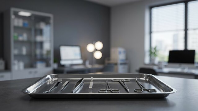 Stainless steel surgical instruments on a metal tray in a medical office