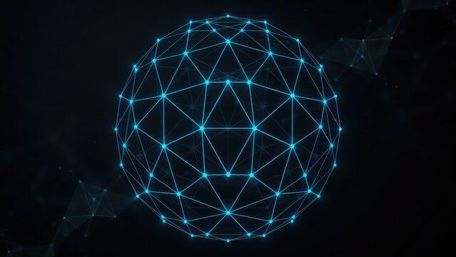 Glowing cyan wireframe sphere with geometric triangle mesh on dark background
