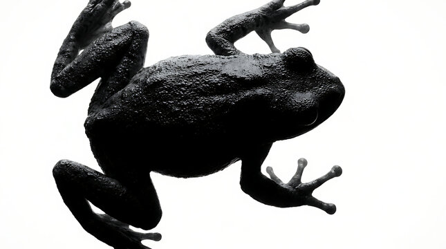 Black silhouette of a frog on a stark white background viewed from underneath showcasing the amphibian form and textured skin
