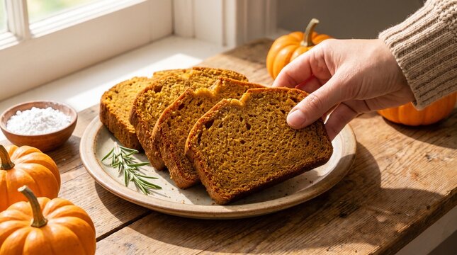 Pumpkin bread slices on plate, Sliced pumpkin bread on a ceramic plate by a sunny kitchen window  