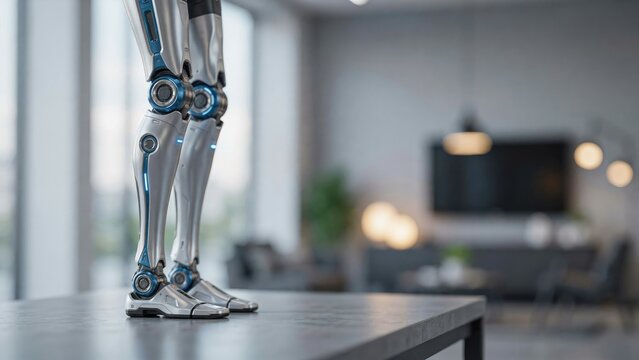 Silver and blue robotic legs standing on a table in a blurred interior