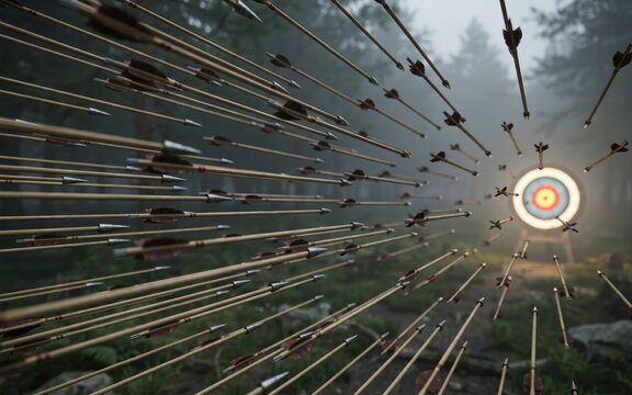Dense swarm of arrows flying toward an archery target in a misty forest