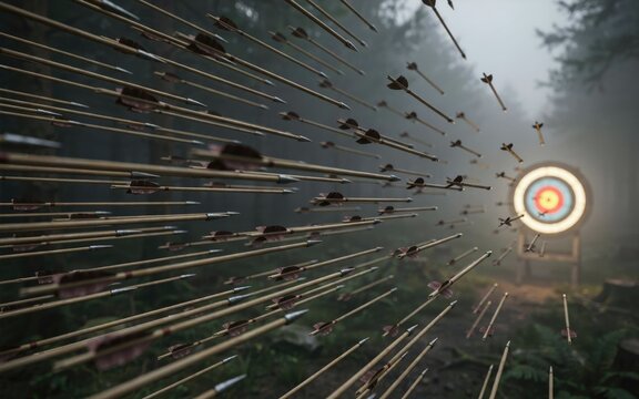 Dense swarm of wooden arrows flying toward an archery target in a foggy forest