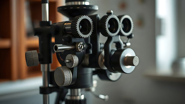 A classic phoropter on a stand with gleaming metal lens discs under cool room light.