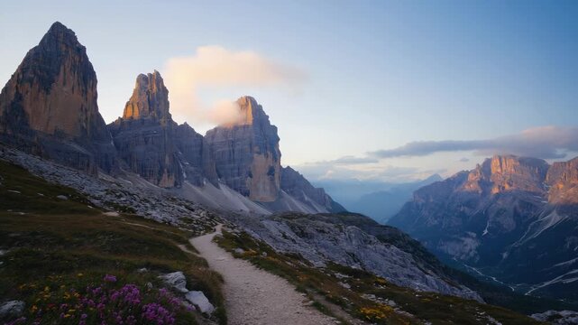 Gorgeous view of rocky mountains at sunrise with a trail leading towards them.