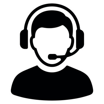 Customer support representative icon with headset and microphone black silhouette