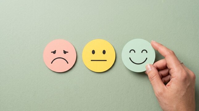 Minimalist customer feedback icons, hand choosing happy face emoji, colorful satisfaction rating scale on green background