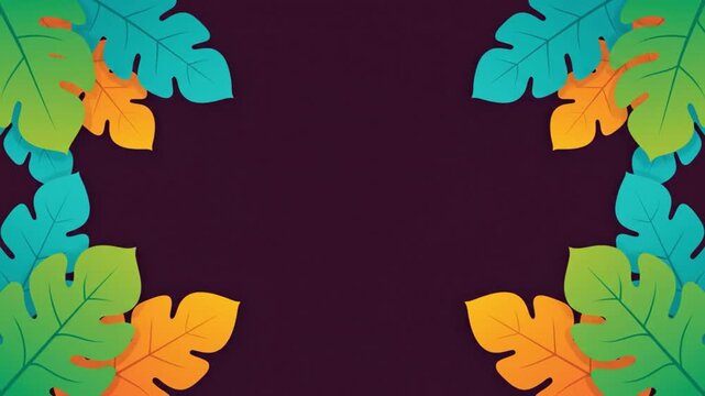 Tropical leaf pattern animation featuring colorful monstera plants arranged in decorative corners on a deep purple background for motion footage
