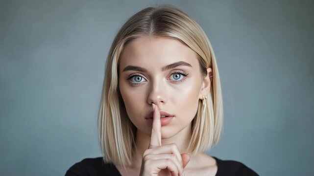 A woman with blonde hair and blue eyes covers her mouth with her hand, indicating a desire to be silent.