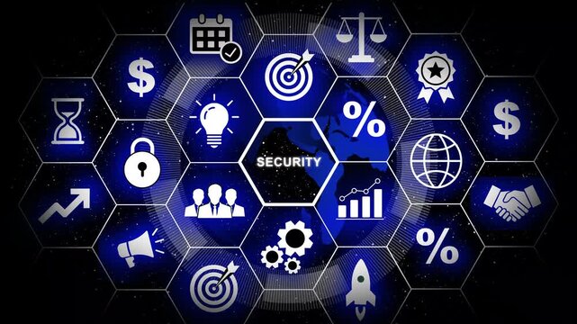 Digital security concept featuring glowing hexagonal infographic interface with global business data protection symbols, cyber defense strategy, and corporate growth analytics for modern tech