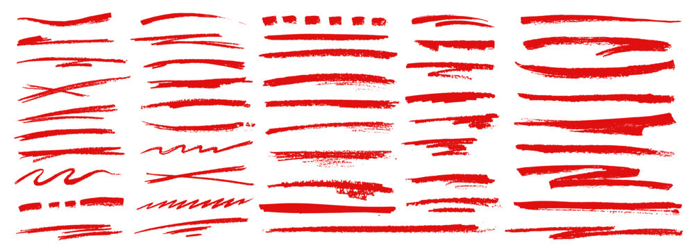 Highlight red crayon pencil lines, vector hand drawn doodle underline. Rough crayon lines with thick and thin stroke, some straight, wavy, cross marked, zigzag scribbles, dashed accents
