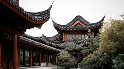 Naklejka premium Traditional Asian Architecture with Elegant Rooflines and Gardens
