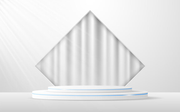 White podium with beautiful blue lines and white curtains in a square window for displaying advertisements, Displaying cosmetic products. Stage or podium. Vector illustration