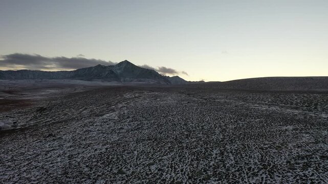 Aerial view of Kanas scenic area in Xinjiang China covered with first snow in winter