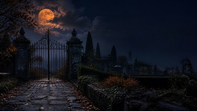 Moonlit Cemetery Gate Halloween Background
