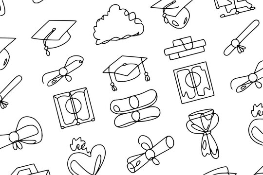 Seamless pattern of graduation caps and diplomas in minimalist line art style