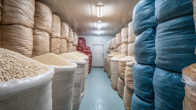Bulk food storage in closed facility. Large containers with grains and legumes stored in indoor bunker environment.