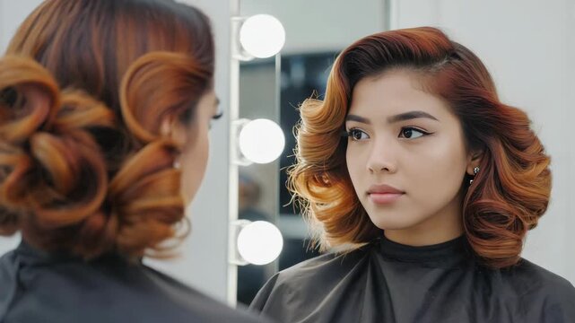 This is an of a young woman with red hair, getting her hair done at a salon. She is looking at her reflection in the mirror. The salon has a modern and clean ambiance.
