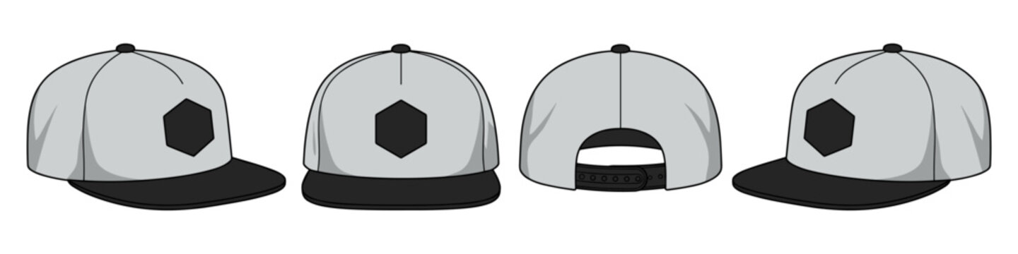 Grey snapback cap mockup with hexagon logo. Isolated realistic flat brim hat templates. Front, back and angle view of hip hop headwear collection. Vector fashion mock up