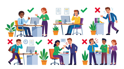Fototapeta premium Minimalist Office Workplace Behavior Positive and Negative Scenarios with Checkmarks and Crosses