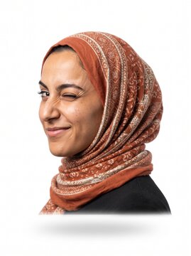 Young Muslim Woman Wearing a Patterned Orange Hijab Winking Playfully Against a White Background