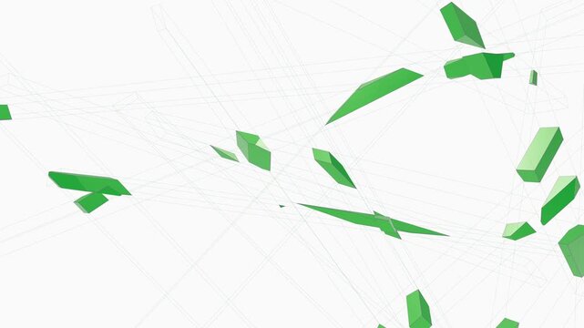 Floating green polygon fragments drift through dynamic perspective guidelines in a modern 3D render suitable for uplifting music visualizers and dj screens