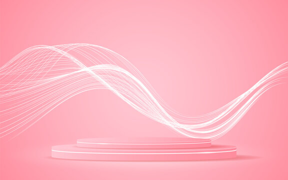 Pink podium with elegant white wave lines on the back for product presentation. Display of cosmetic products. Stage or podium. vector illustration.