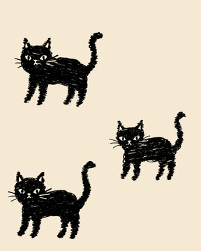 Hand Drawn Black Cat Collection in Scribble Sketch Style for Halloween Decorations