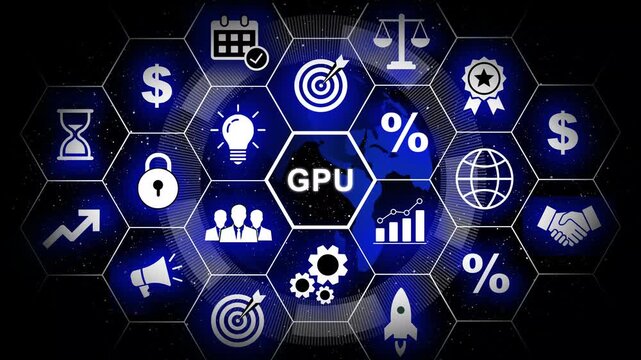 Advanced gpu technology concept featuring digital hexagonal interface with business data analytics, global network connectivity, financial growth symbols, and futuristic cyber security infrastructure
