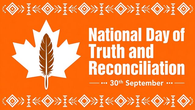 National Day of Truth and Reconciliation orange shirt day banner with indigenous feather and maple leaf