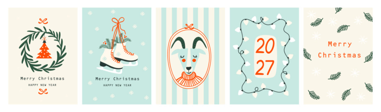 Set Christmas cards with Christmas tree, wreath, christmas elements. Vector illustrations
