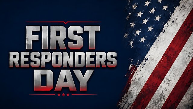 National First Responders Day metallic 3D text banner over dark waving brush stroke flag