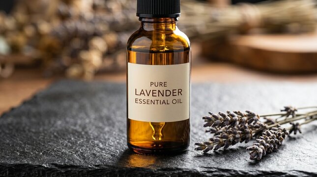 Frasco cuentagotas con aceite esencial y lavanda