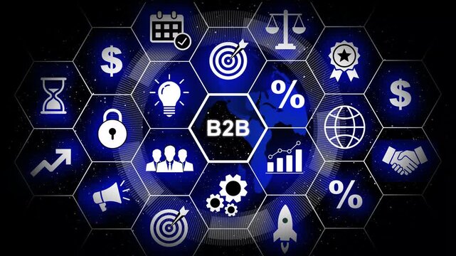 Dynamic b2b business strategy infographic animation featuring digital hexagon network global corporate growth concepts, financial marketing solutions, and networking connectivity symbols